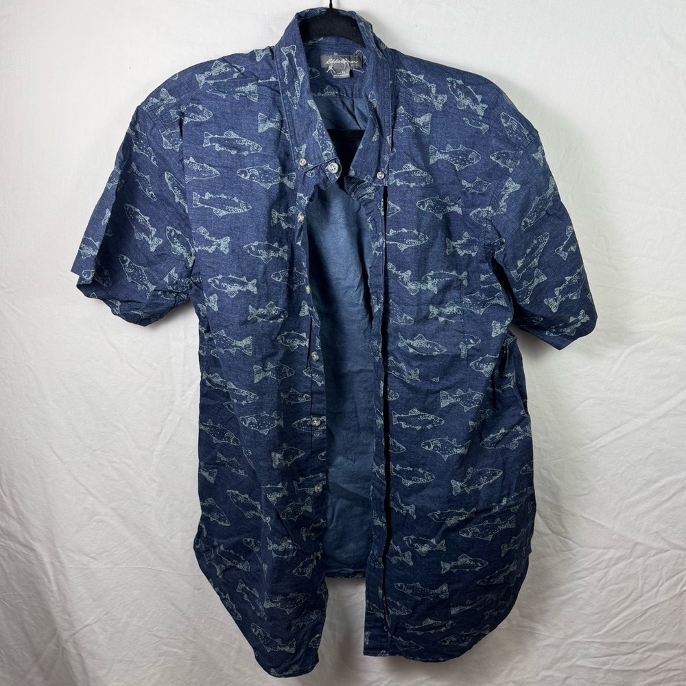 NWOT Eddie Bauer Navy Fish Print Shirt Mens Size XL